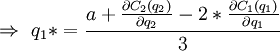 Описание: Rightarrow q_1* = frac{a + frac{partial C_2 (q_2)}{partial q_2} - 2*frac{partial C_1 (q_1)}{partial q_1}}{3}