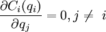 Описание: frac{partial C_i (q_i)}{partial q_j}=0, j ne i