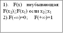 1). F(x) неубывающая: F(x2)&#8805;F(x1) если x2&#8805;x1&#13;&#10;2).F(-&#8734;)=0; F(+&#8734;)=1&#13;&#10;&#13;&#10;
