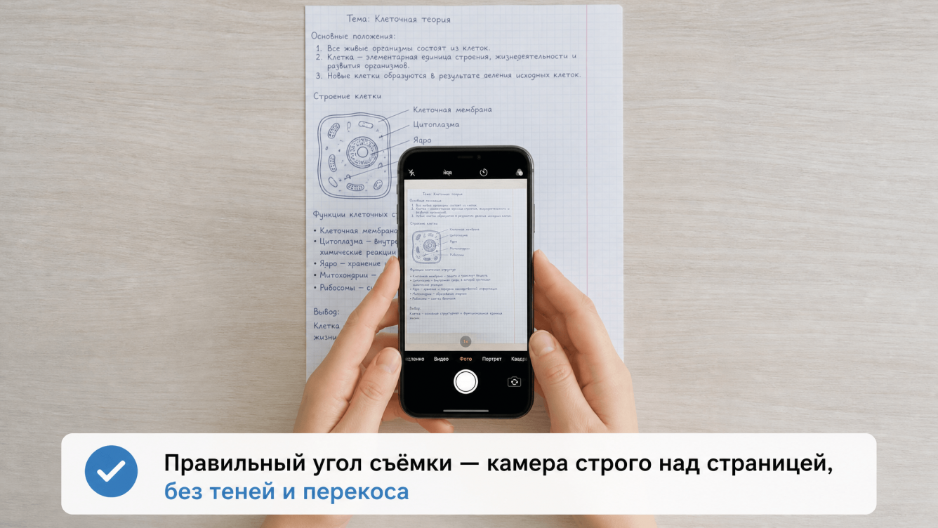 Правильный угол съёмки — камера строго над страницей