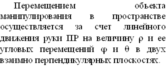 Перемещением объекта манипулирования в пространстве осуществляется за счет линейного движения руки ПР на величину r и ее угловых перемещений j и q в двух взаимно перпендикулярных плоскостях.