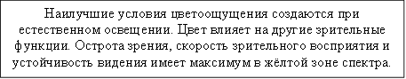 Наилучшие условия цветоощущения создаются при естественном освещении. Цвет влияет на другие зрительные функции. Острота зрения, скорость зрительного восприятия и устойчивость видения имеет максимум в жёлтой зоне спектра.