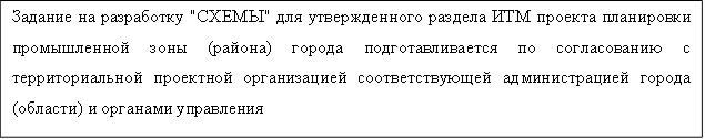 Задание на разработку "СХЕМЫ" для утвержденного раздела ИТМ проекта планировки промышленной зоны (района) города подготавливается по согласованию с территориальной проектной организацией соответствующей администрацией города (области) и органами управления