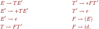 begin{align*} &Erightarrow TE' &T&' rightarrow *FT' \ &E'rightarrow +TE' &T&' rightarrow e \ &E'rightarrow e &F& rightarrow (E) \ &Trightarrow FT' &F& rightarrow id. \ end{align*}