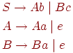 begin{align*} & S rightarrow Ab mid Bc \ & A rightarrow Aa mid e \ & B rightarrow Ba mid e end{align*}