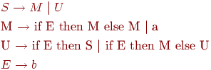 begin{align*} & S rightarrow M mid U \ & text{M $ rightarrow $ if E then M else M $ mid$ a}\ & text{U $rightarrow$ if E then S $mid $ if E then M else U} \ & E rightarrow b end{align*}