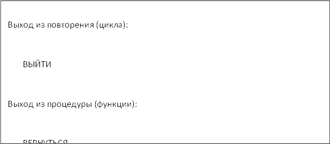 Выход из повторения (цикла):

 ВЫЙТИ

 Выход из процедуры (функции):

 ВЕРНУТЬСЯ

 Переход на обработку исключительной ситуации:

 ВОЗБУДИТЬ имя исключения

