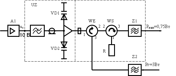 А1, Z1, Z2, UZ, VD1, WE, WS,R,1, 2, 3,3, 1,2, uc 10 B , Рг=3Bт, Рвых=0,75Bт, VD2