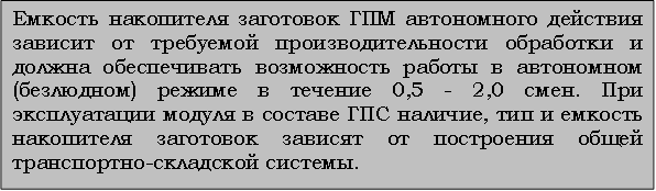 Емкость накопителя заготовок ГПМ автономного действия зависит от требуемой производительности обработки и должна обеспечивать возможность работы в автономном (безлюдном) режиме в течение 0,5 - 2,0 смен. При эксплуатации модуля в составе ГПС наличие, тип и емкость накопителя заготовок зависят от построения общей транспортно-складской системы. 
