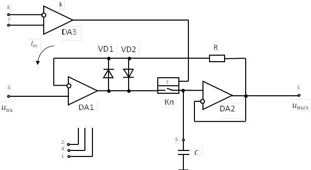 1,2,3,4,5,6,7,8,С,VD1,VD2,DA1,DA2,DA3,R,Кп,E,k,u_вх,u_вых,I_вх