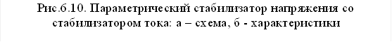 Рис.6.10. Параметрический стабилизатор напряжения со стабилизатором тока: а – схема, б - характеристики