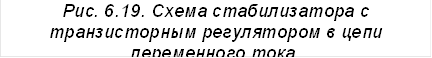 Рис. 6.19. Схема стабилизатора с транзисторным регулятором в цепи переменного тока.