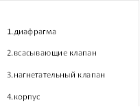 1.диафрагма 2.всасывающие клапан 3.нагнетательный клапан 4.корпус 5.пружина 6.рычаг 7.кулачок распределительного вала 