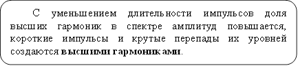 С уменьшением длительности импульсов доля высших гармоник в спектре амплитуд повышается, короткие импульсы и крутые перепады их уровней создаются высшими гармониками.