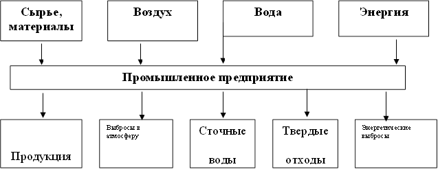 Сырье, материалы,Воздух,Вода,Энергия,Промышленное предприятие,Продукция ,Выбросы в атмосферу,Сточные воды,Твердые отходы,Энергетические выбросы