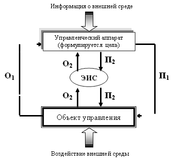 Объект управления,Информация о внешней среде,Воздействие внешней среды,Управленческий аппарат (формулируется цель) ,ЭИС,О1,О2,О2,П1,П2,П2