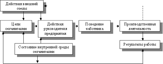 Действия внешней среды,Цели организации,Действия руководителя предприятия,Поведение работника,Производственная деятельность,Результаты работы,Состояние внутренней среды организации