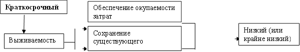 Краткосрочный,Выживаемость,Низкий (или крайне низкий),Обеспечение окупаемости затрат,Сохранение существующего положения