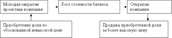 Молодая закрытая проектная компания,Рост стоимости бизнеса,Открытая компания,Приобретение доли по обоснованной невысокой цене,Продажа приобретённой доли за более высокую цену
