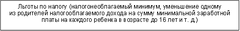 Льготы по налогу (налогонеоблагаемый минимум, уменьшение одному из родителей налогооблагаемого дохода на сумму минимальной заработной платы на каждого ребенка в возрасте до 16 лет и т. д.) 