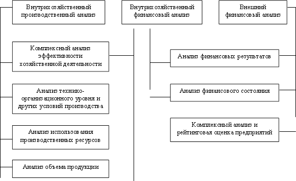 Внешний финансовый анализ,Внутрихозяйственный финансовый анализ,Внутрихозяйственный производственный анализ,Комплексный анализ и рейтинговая оценка предприятий,Анализ финансового состояния,Анализ финансовых результатов,Комплексный анализ эффективности хозяйственной деятельности,Анализ технико-организационного уровня и других условий производства,Анализ использования производственных ресурсов,Анализ объема продукции