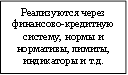 Реализуются через финансово-кредитную систему, нормы и нормативы, лимиты, индикаторы и т.д.