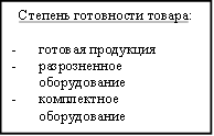 Степень готовности товара: -готовая продукция -разрозненное оборудование -комплектное оборудование 