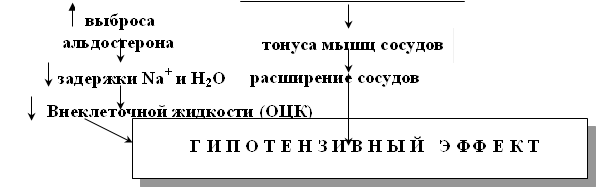 выброса альдостерона ,задержки Nа+ и Н2О, Внеклеточной жидкости (ОЦК),тонуса мышц сосудов,расширение сосудов,Г И П О Т Е Н З И В Н Ы Й Э ФФ Е К Т