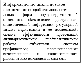 Информационно-аналитическое обеспечение (разработка дополните- льных форм внутриведомственной статистики, обеспечение доступности статистической информации; регулярный анализ наркомании и ее последствий; оценка эффективности проводимой антинаркотической профилактической работы субъектами системы профилактики, прогнозирование качественного и количественного развития всех компонентов системы. 