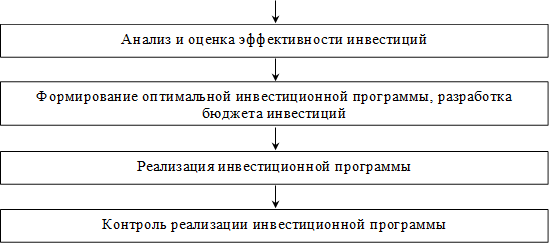Анализ и оценка эффективности инвестиций,Формирование оптимальной инвестиционной программы, разработка бюджета инвестиций ,Реализация инвестиционной программы,Контроль реализации инвестиционной программы