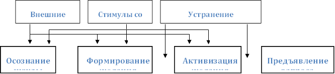 Осознание нужды,Формирование желания,Предъявление запроса,Внешние детерминанты,Устранение внешних барьеров ,Активизация желания,Стимулы со стороны фирм