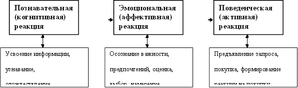 Познавательная (когнитивная) реакция,Эмоциональная(аффективная) реакция,Поведенческая (активная) реакция,Усвоение информации, узнавание, отождествление, запоминание, знание,Осознание важности, предпочтений, оценка, выбор, намерение,Предъявление запроса, покупка, формирование реакции на покупку