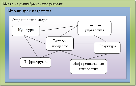 Место на рынке/рыночные условия,Миссия, цели и стратегия ,Операционная модель ,Инфраструктара,Бизнес-процессы,Система управления,Структура,Информационные технологии