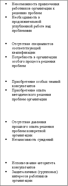 §Невозможность привлечения работников организации к решению проблем §Необходимость в продолжительной углубленной работе над проблемами §Отсутствие специалистов соответствующей квалификации §Потребность в организации особого процесса решения проблем §Приобретение особых знаний консультантов §Приобретение опыта методического решения проблем организации §Отсутствие давления прошлого опыта решения проблем конкретной организации §Независимость суждений §Использование авторитета консультантов §Защита личных (групповых) интересов работников организации 