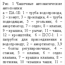 Рис. 1 Чашечные автоматические автопоилки:
а – ПА-1Б: 1 – труба водопровода; 2 – хомут; 3 – прокладка; 4 – труба подводящая; 5 – угольник; 6 – амортизатор; 7 – седло; 8 – клапан; 9 – крышка; 10 – рычаг; 11 – чаша; 12 – кронштейн; б – ПСС-1: 1 – патрубок для присоединения к водопроводу; 2 – амортизатор; 3,9 – болты регулировочные; 4 – стакан; 5 – клапан; 6 – седло клапана; 7 – крышка клапана; 8 – пружина; 10 –крышка чаши; 11 – чаша.
