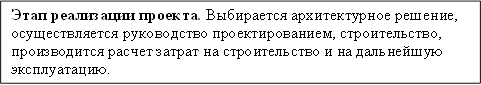 Этап реализации проекта. Выбирается архитектурное решение, осуществляется руководство проектированием, строительство, производится расчет затрат на строительство и на дальнейшую эксплуатацию.