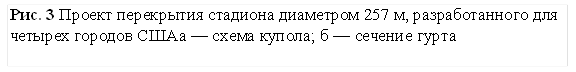 Рис. 3 Проект перекрытия стадиона диаметром 257 м, разрабо¬танного для четырех городов СШАа — схема купола; б — сечение гурта