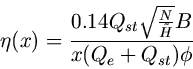 Описание: begin{displaymath} eta(x) = frac{ 0.14Q_{st}sqrt{ frac{N}{tilde{H}} } B} {x(Q_e+Q_{st})phi} end{displaymath}